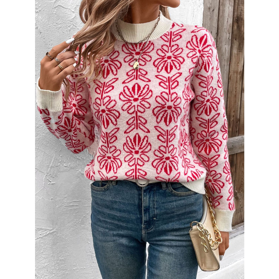 Flower Round Neck Long Sleeve Sweater Apparel and Accessories