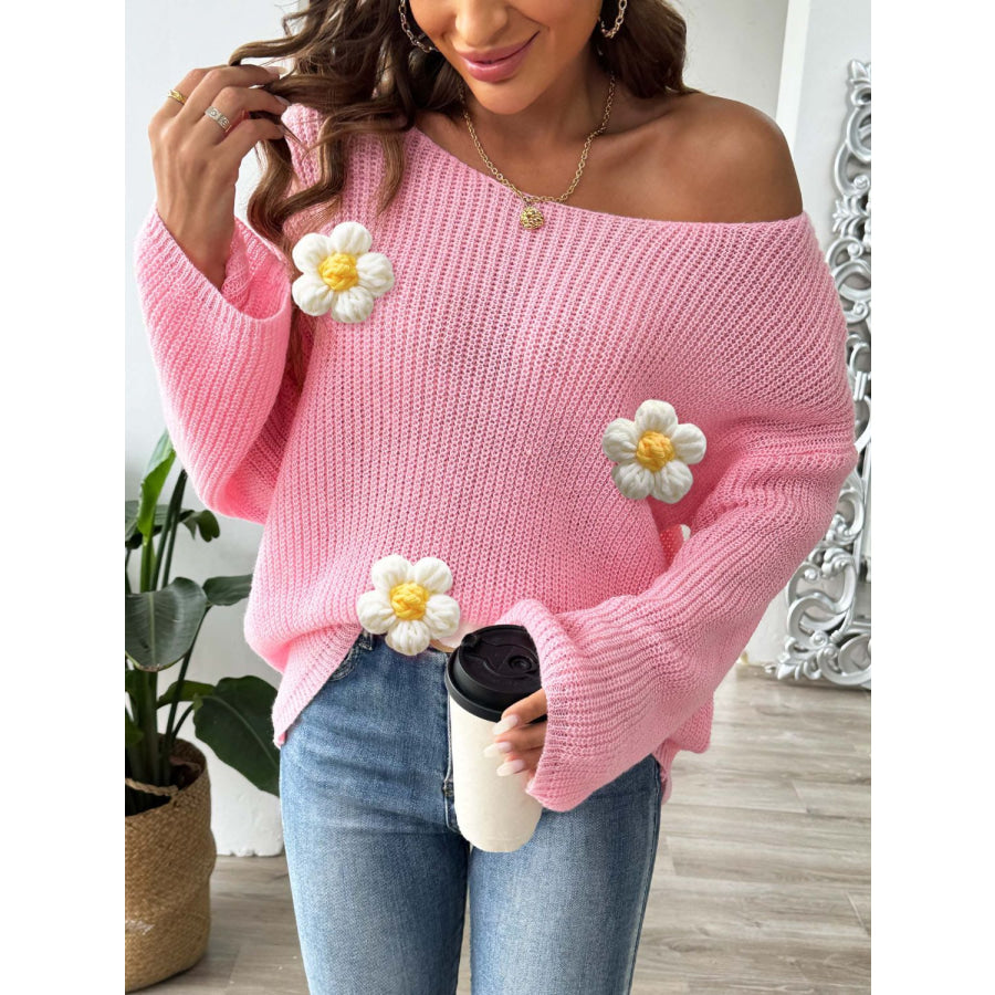 Flower Round Neck Long Sleeve Sweater Apparel and Accessories