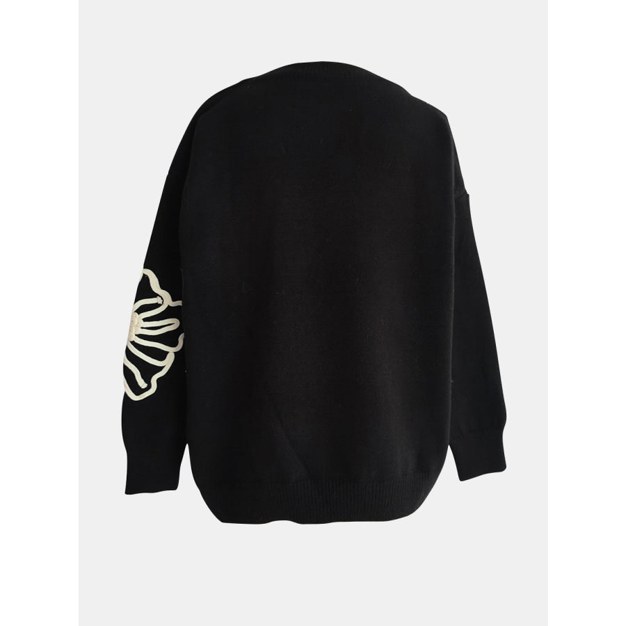 Flower Round Neck Long Sleeve Sweater Apparel and Accessories