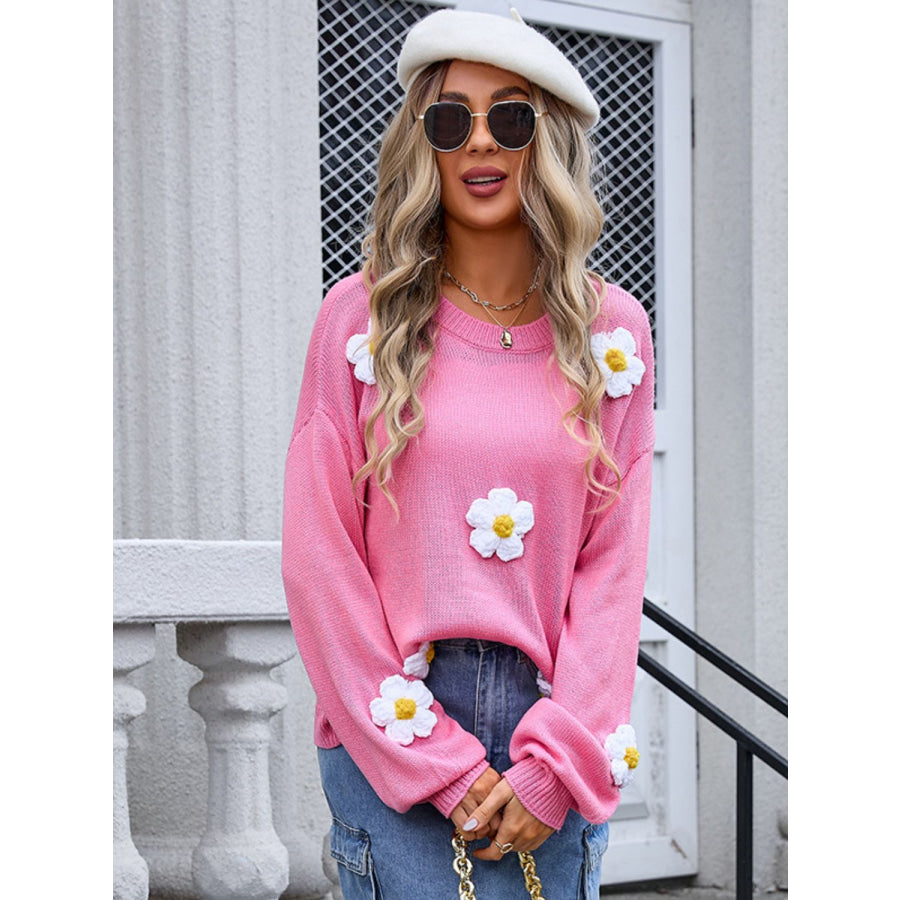 Flower Round Neck Long Sleeve Sweater Apparel and Accessories