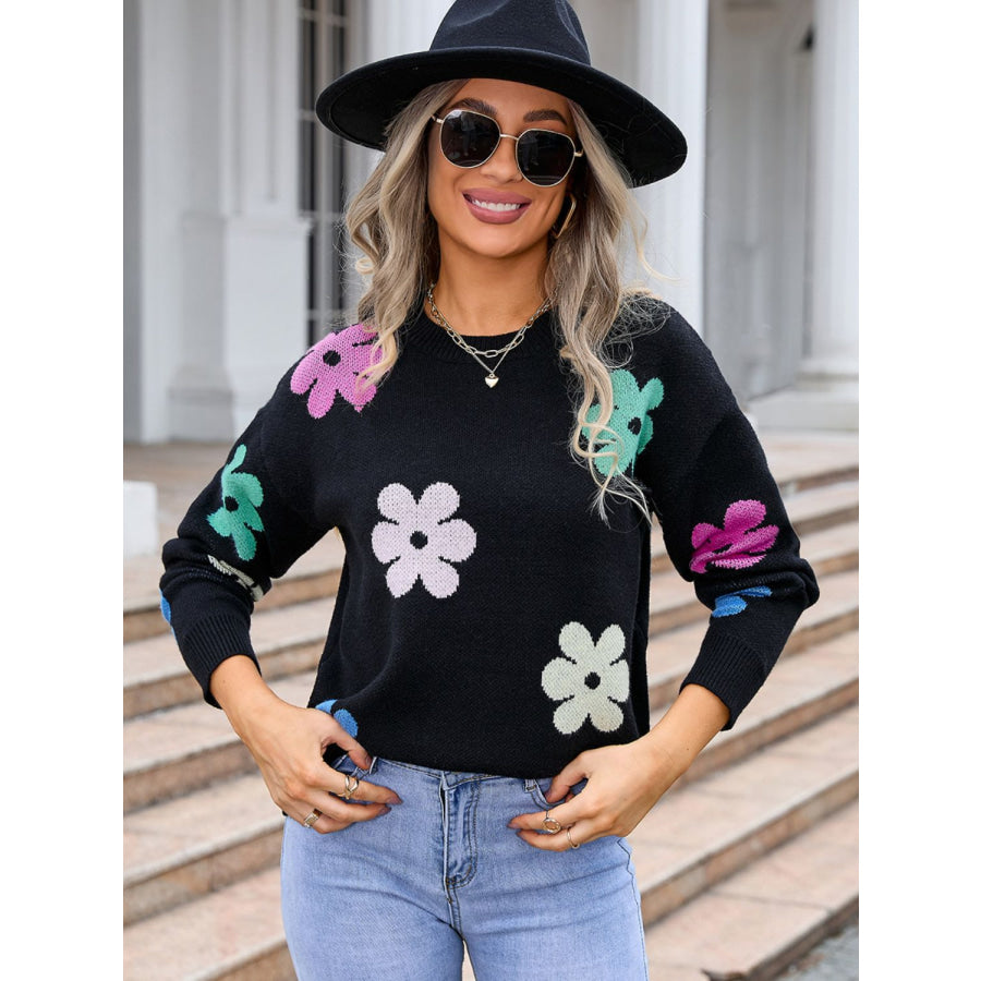 Flower Round Neck Long Sleeve Sweater Apparel and Accessories