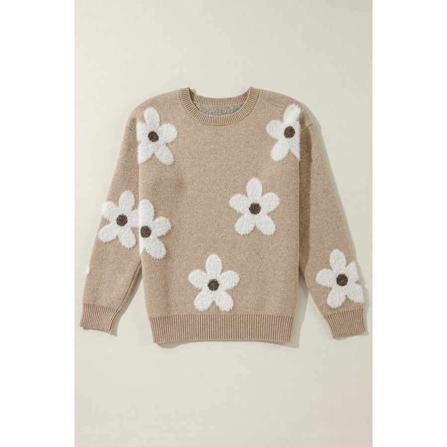 Flower Round Neck Long Sleeve Sweater Apparel and Accessories