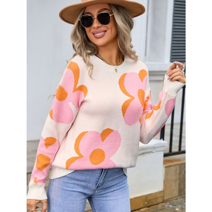 Flower Round Neck Long Sleeve Sweater Apparel and Accessories