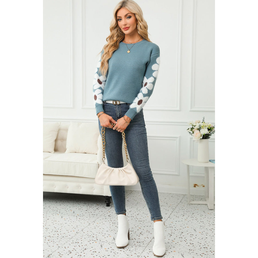 Flower Round Neck Long Sleeve Sweater Apparel and Accessories