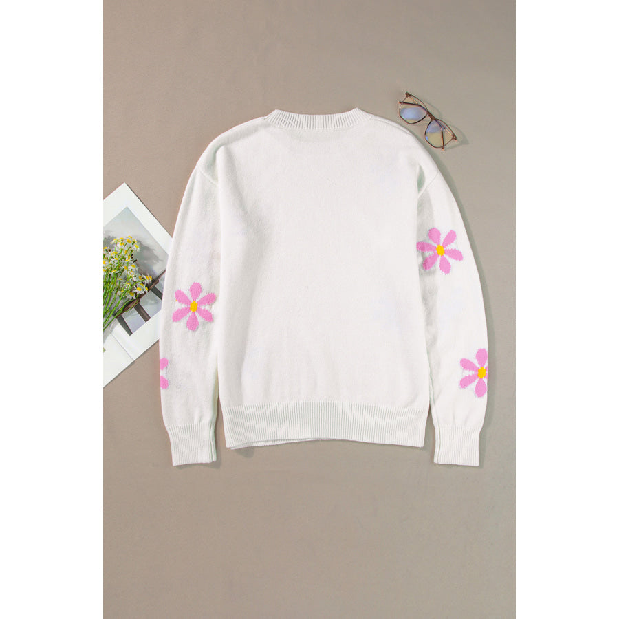 Flower Round Neck Long Sleeve Sweater Apparel and Accessories