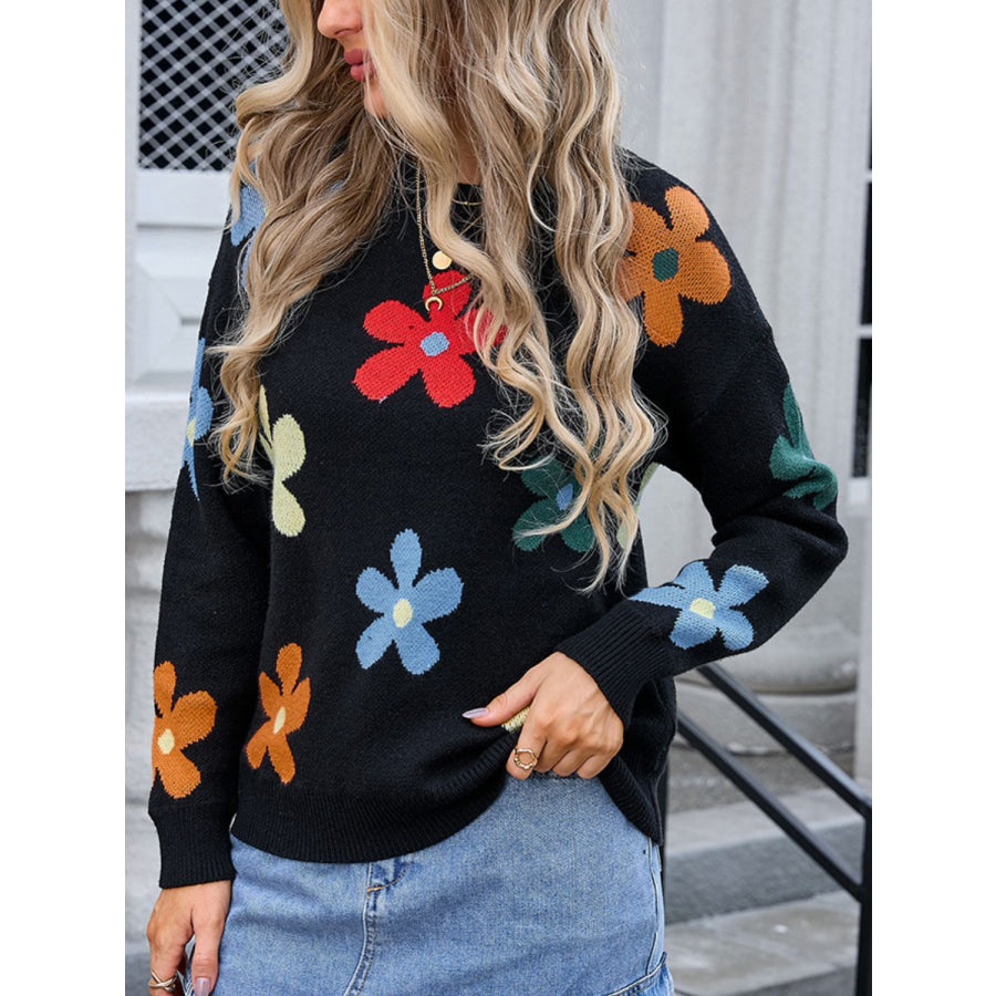 Flower Round Neck Long Sleeve Sweater Apparel and Accessories