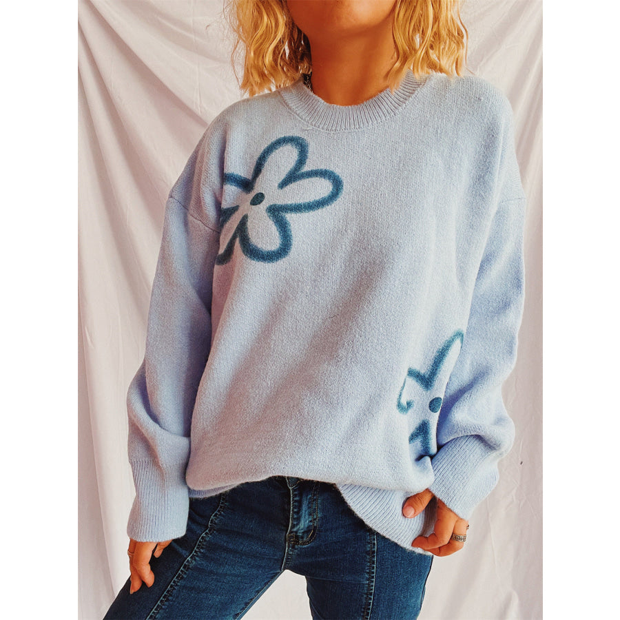 Flower Round Neck Long Sleeve Sweater Apparel and Accessories