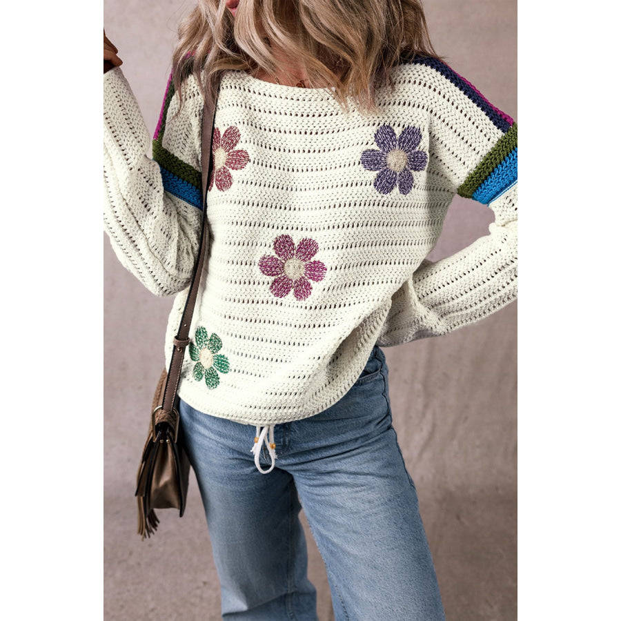 Flower Round Neck Long Sleeve Sweater Apparel and Accessories