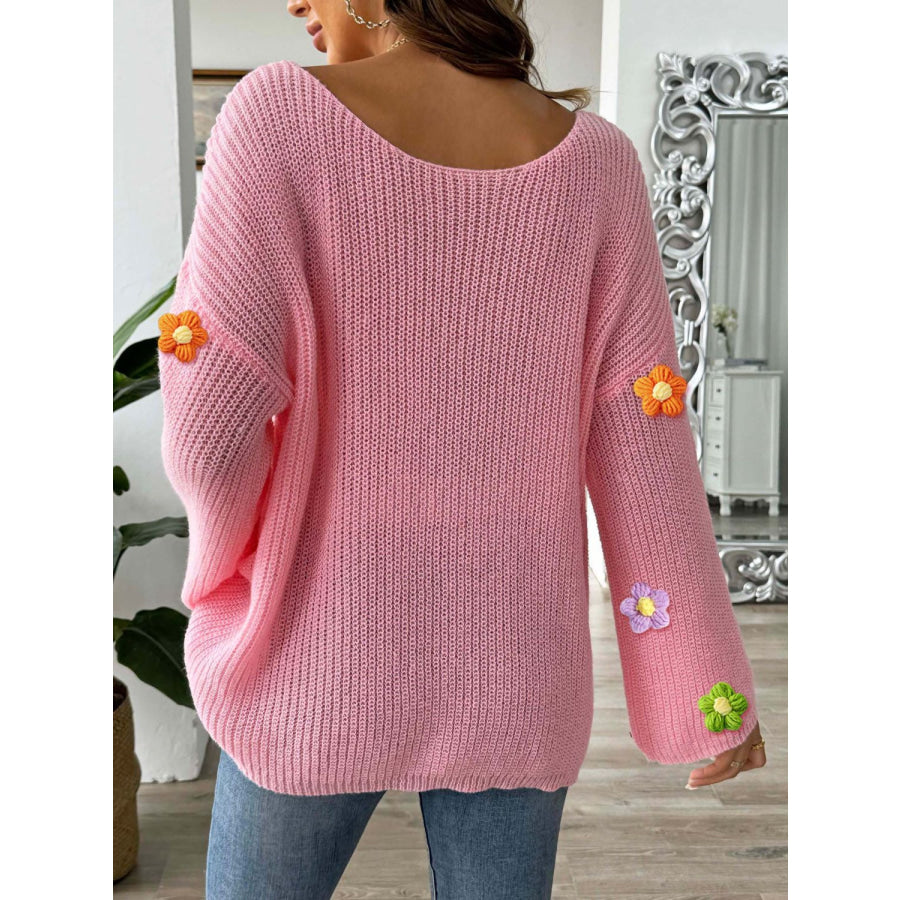 Flower Round Neck Long Sleeve Sweater Dusty Pink / S Apparel and Accessories