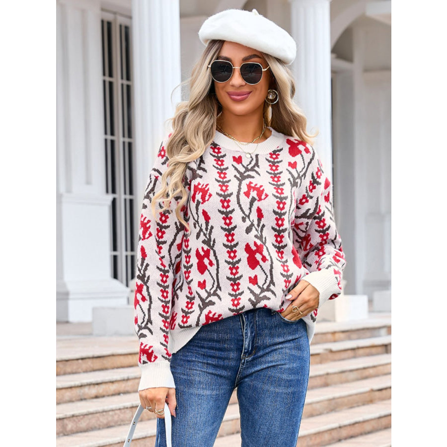 Flower Round Neck Long Sleeve Sweater Apparel and Accessories