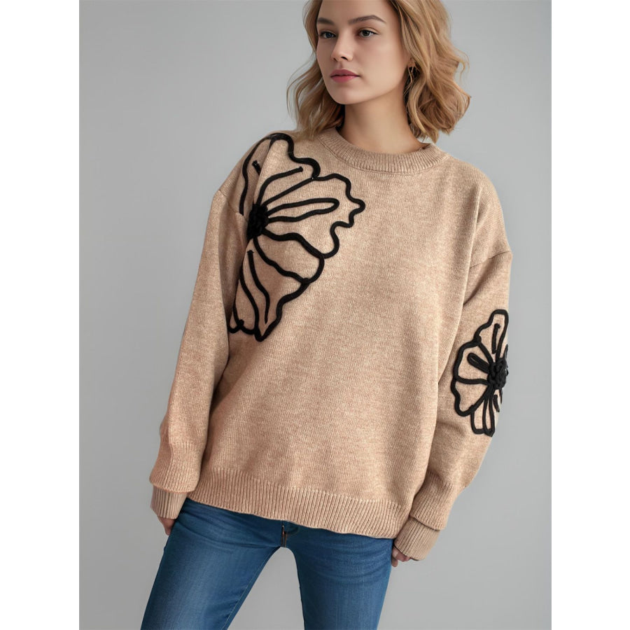 Flower Round Neck Long Sleeve Sweater Apparel and Accessories