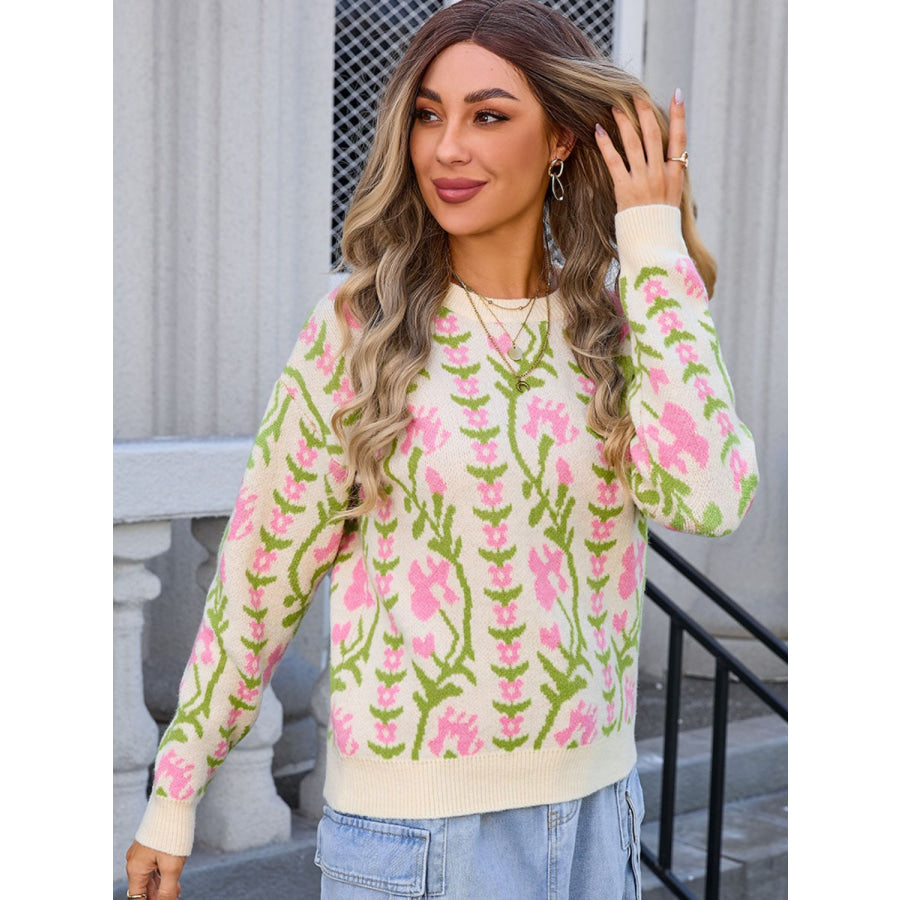 Flower Round Neck Long Sleeve Sweater Apparel and Accessories