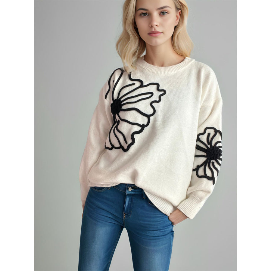 Flower Round Neck Long Sleeve Sweater Apparel and Accessories