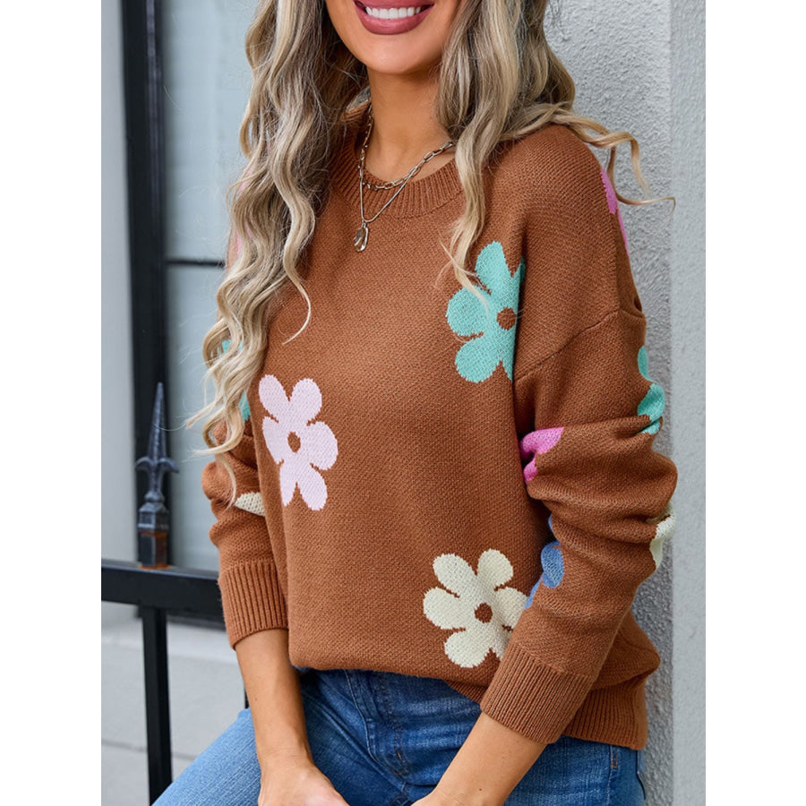 Flower Round Neck Long Sleeve Sweater Apparel and Accessories