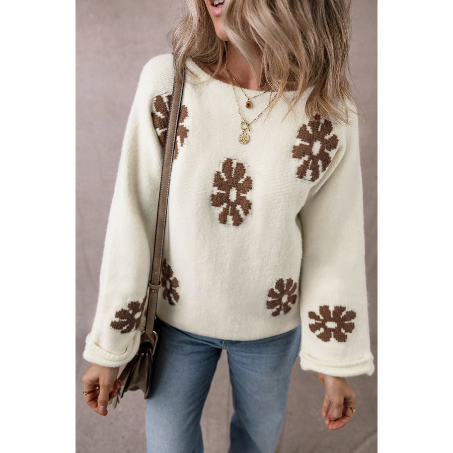 Flower Round Neck Long Sleeve Sweater Apparel and Accessories