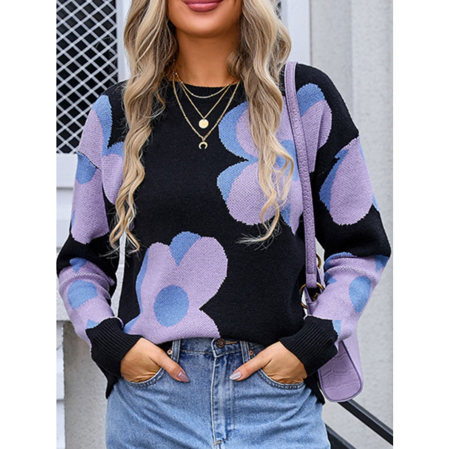 Flower Round Neck Long Sleeve Sweater Apparel and Accessories