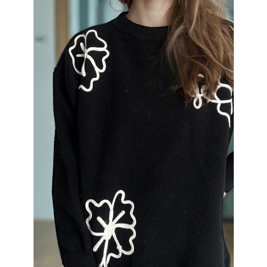 Flower Round Neck Long Sleeve Sweater Apparel and Accessories