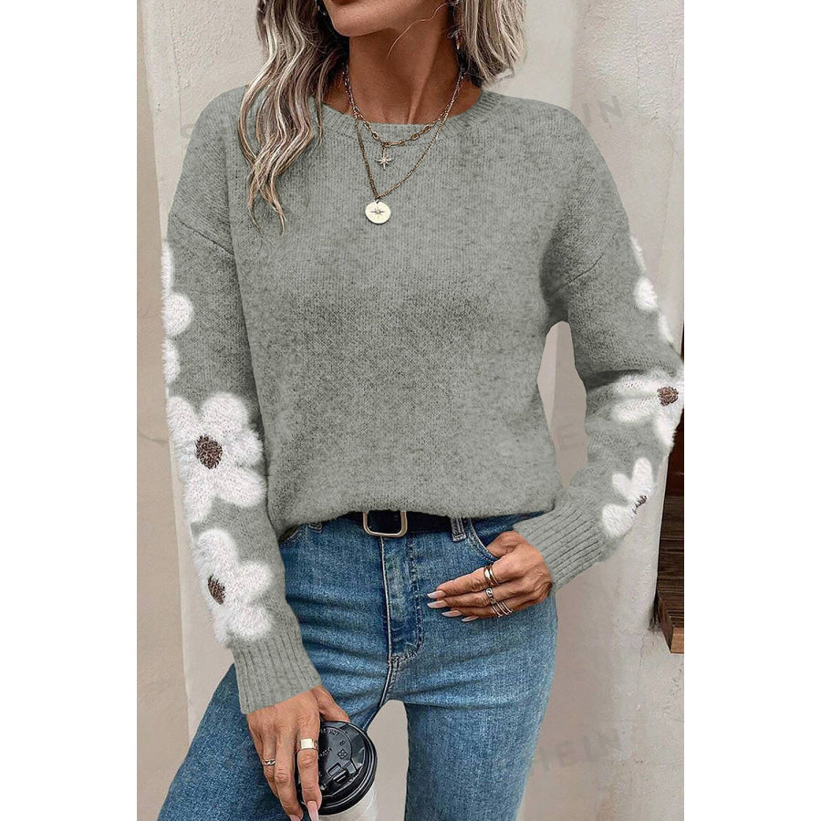 Flower Round Neck Long Sleeve Sweater Apparel and Accessories