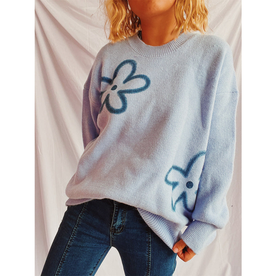 Flower Round Neck Long Sleeve Sweater Light Blue / One Size Apparel and Accessories