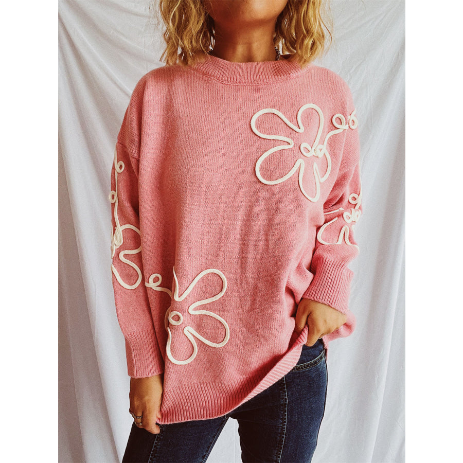 Flower Round Neck Long Sleeve Sweater Apparel and Accessories