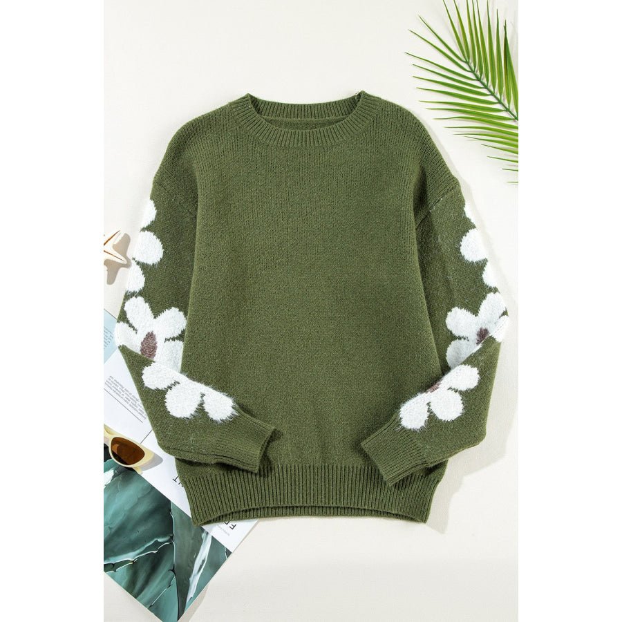 Flower Round Neck Long Sleeve Sweater Apparel and Accessories