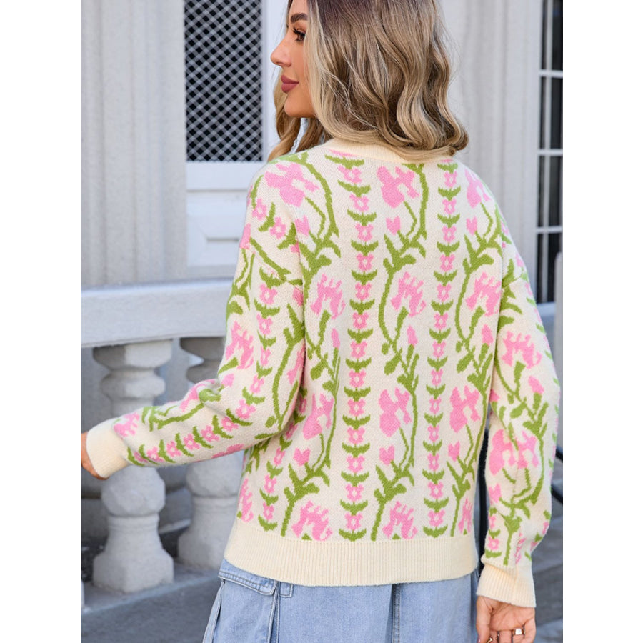 Flower Round Neck Long Sleeve Sweater Apparel and Accessories