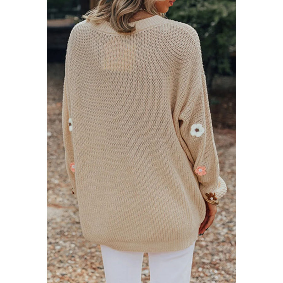 Flower Round Neck Long Sleeve Sweater Dust Storm / S Apparel and Accessories