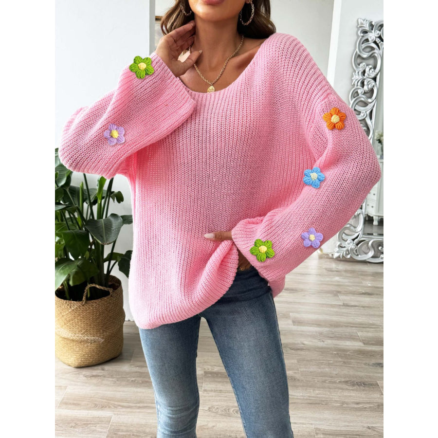 Flower Round Neck Long Sleeve Sweater Apparel and Accessories