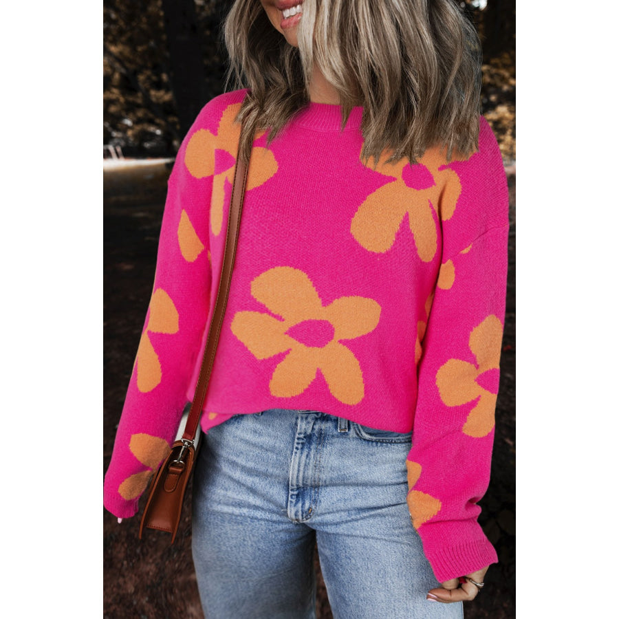 Flower Round Neck Long Sleeve Sweater Cerise / S Apparel and Accessories