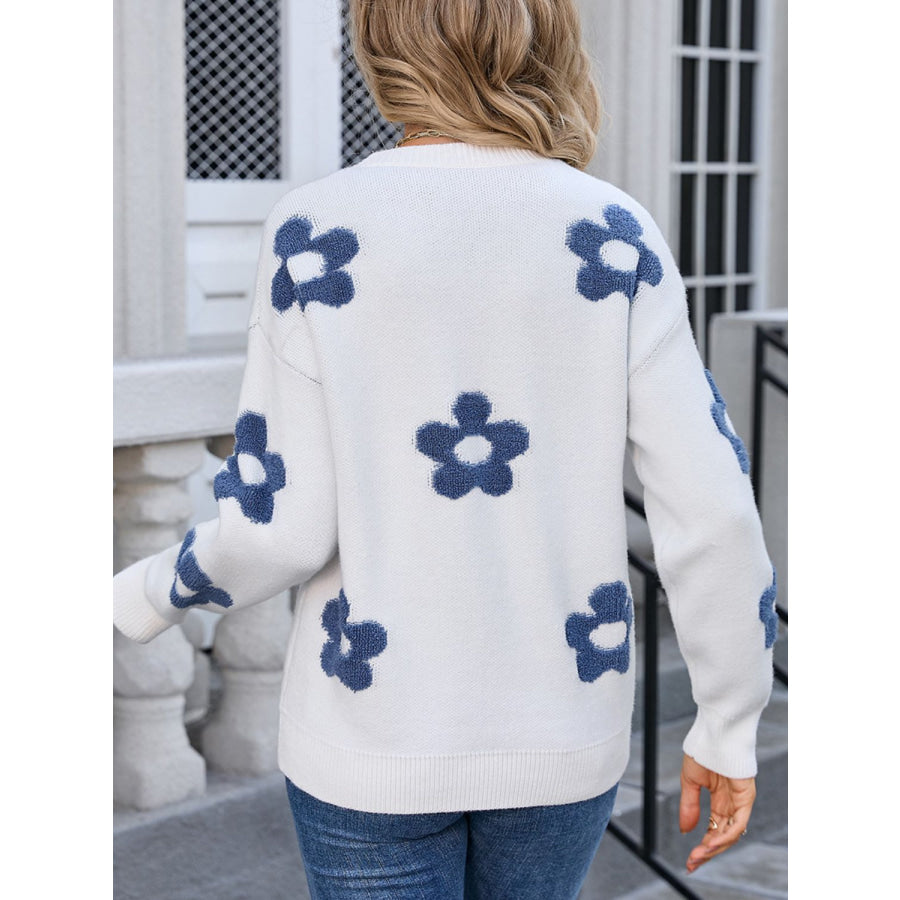 Flower Round Neck Long Sleeve Sweater Apparel and Accessories