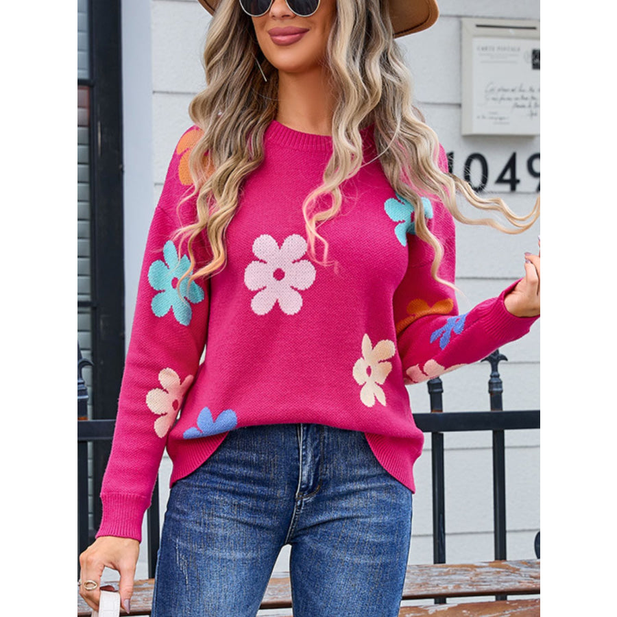 Flower Round Neck Long Sleeve Sweater Apparel and Accessories