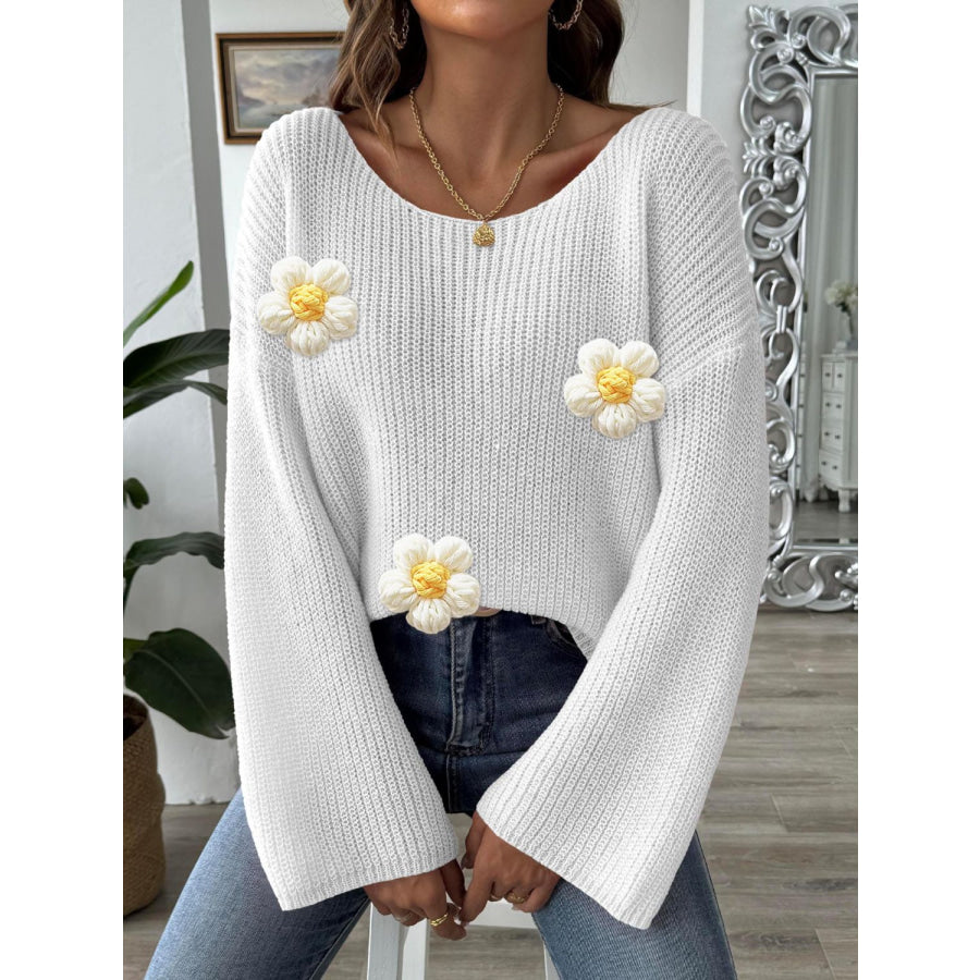 Flower Round Neck Long Sleeve Sweater Apparel and Accessories