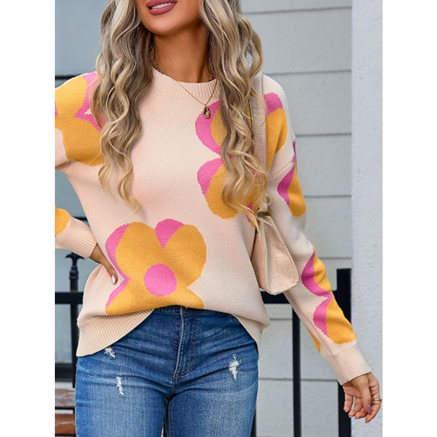 Flower Round Neck Long Sleeve Sweater Apricot / S Apparel and Accessories