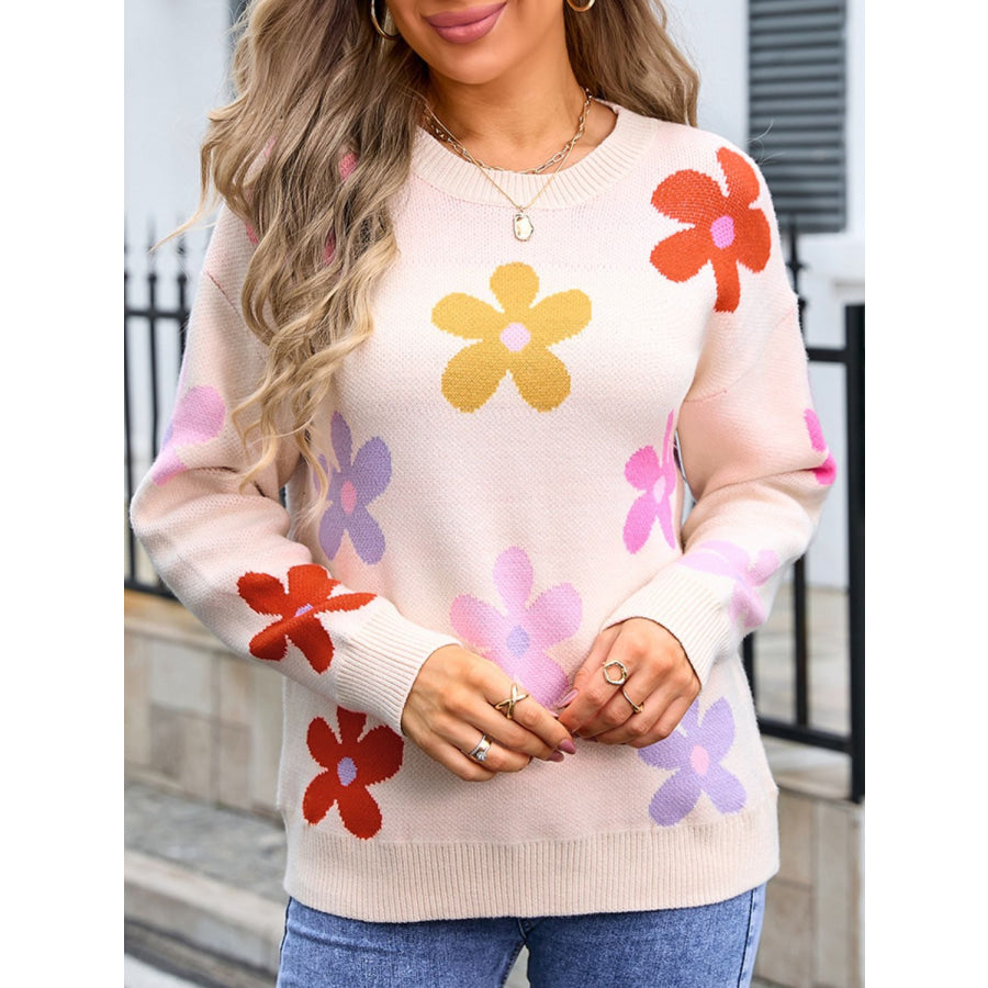 Flower Round Neck Long Sleeve Sweater Apricot / S Apparel and Accessories