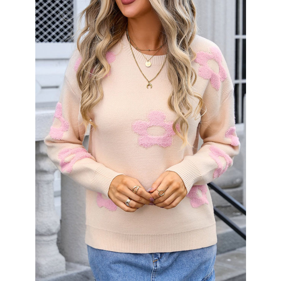 Flower Round Neck Long Sleeve Sweater Apricot / S Apparel and Accessories