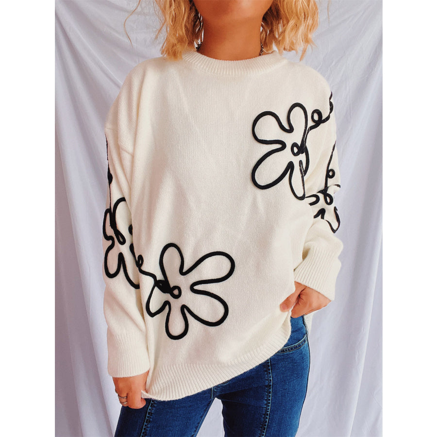 Flower Round Neck Long Sleeve Sweater Beige / One Size Apparel and Accessories