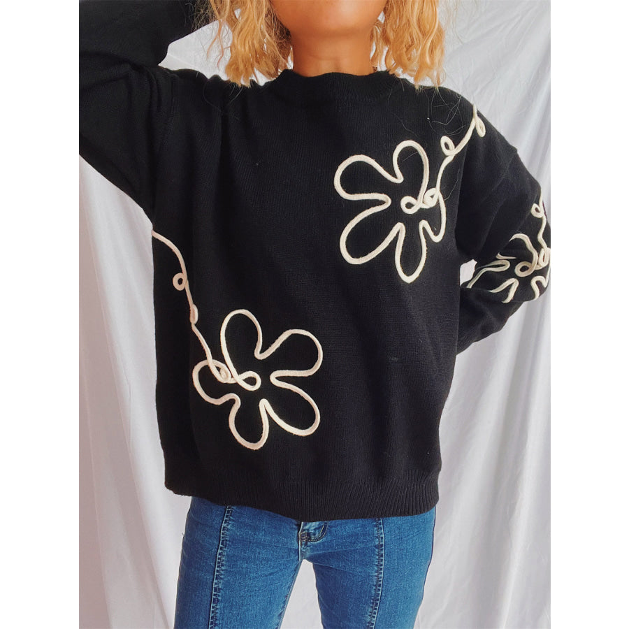 Flower Round Neck Long Sleeve Sweater Black / One Size Apparel and Accessories