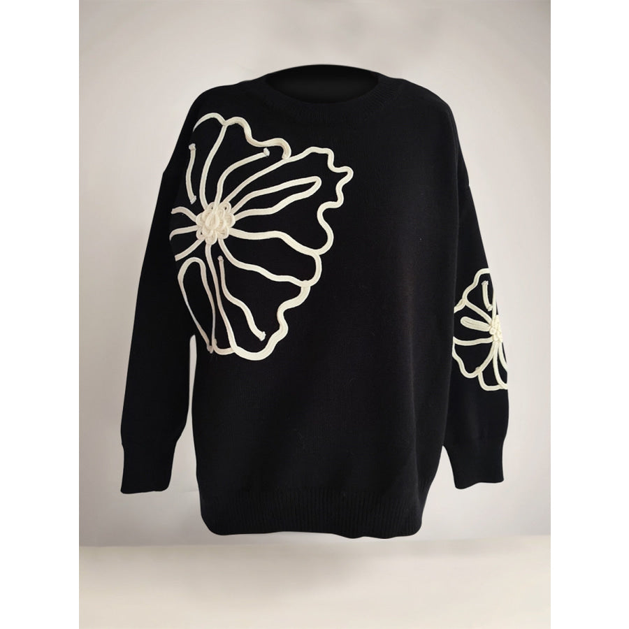 Flower Round Neck Long Sleeve Sweater Black / One Size Apparel and Accessories