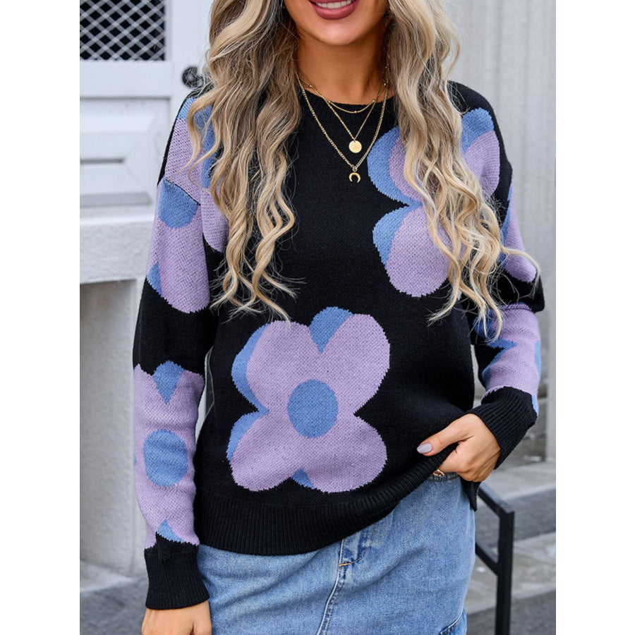 Flower Round Neck Long Sleeve Sweater Black / S Apparel and Accessories