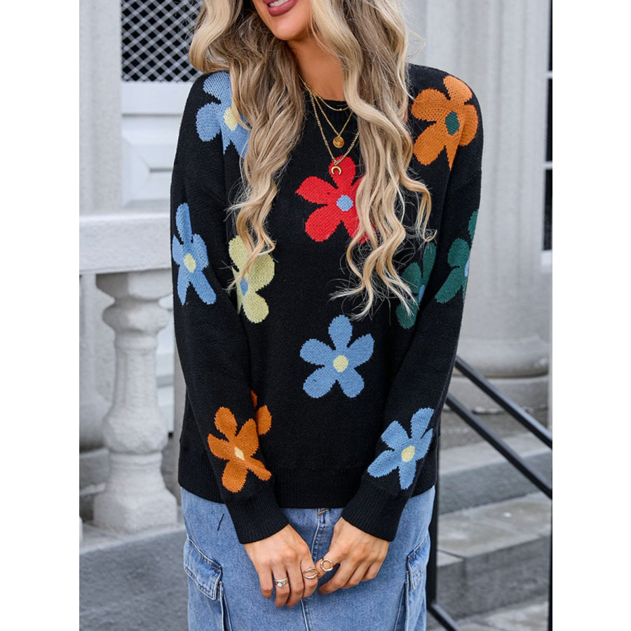 Flower Round Neck Long Sleeve Sweater Black / S Apparel and Accessories