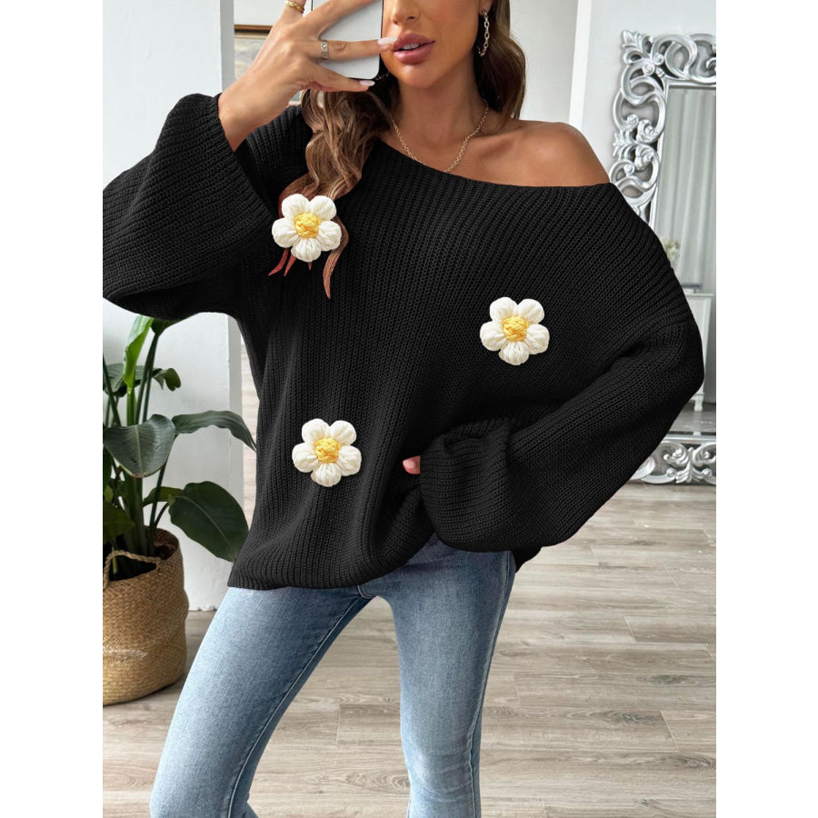 Flower Round Neck Long Sleeve Sweater Black / S Apparel and Accessories