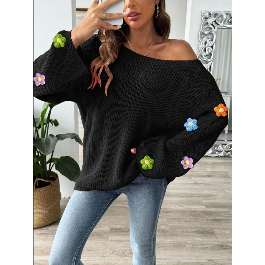 Flower Round Neck Long Sleeve Sweater Black / S Apparel and Accessories