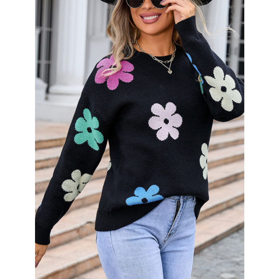 Flower Round Neck Long Sleeve Sweater Black / S Apparel and Accessories