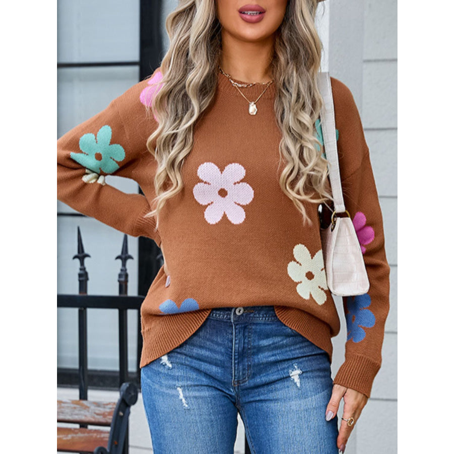 Flower Round Neck Long Sleeve Sweater Brown / S Apparel and Accessories