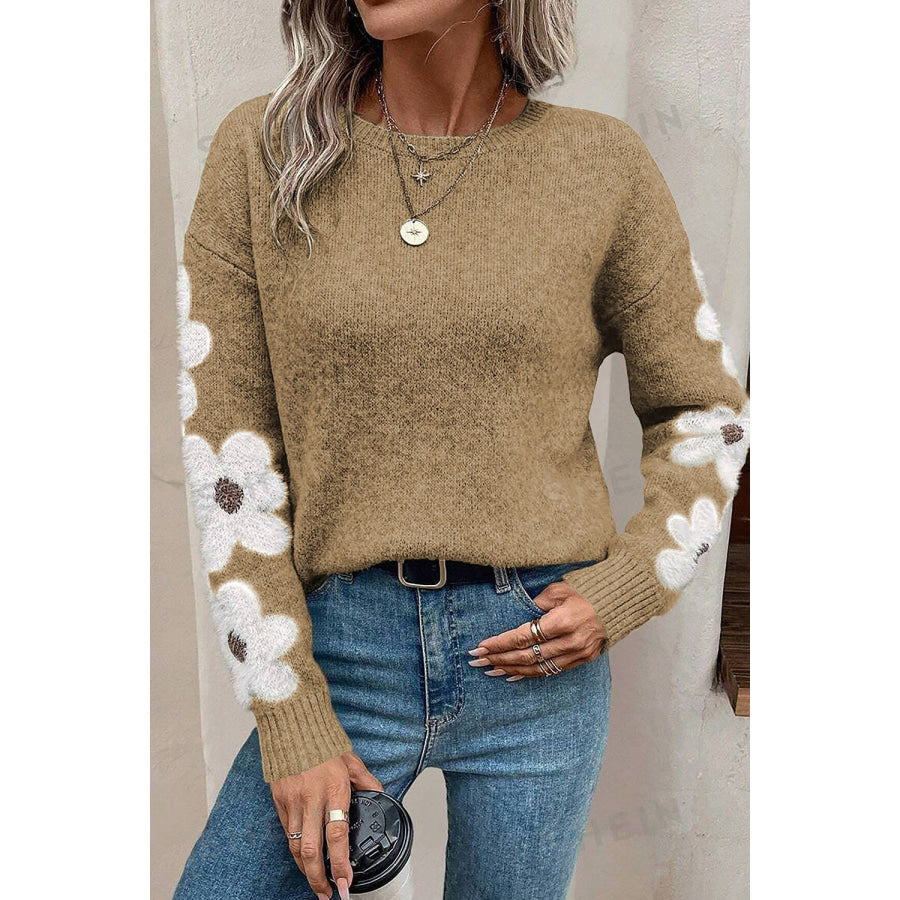 Flower Round Neck Long Sleeve Sweater Camel / S Apparel and Accessories