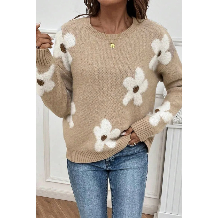 Flower Round Neck Long Sleeve Sweater Camel / S Apparel and Accessories