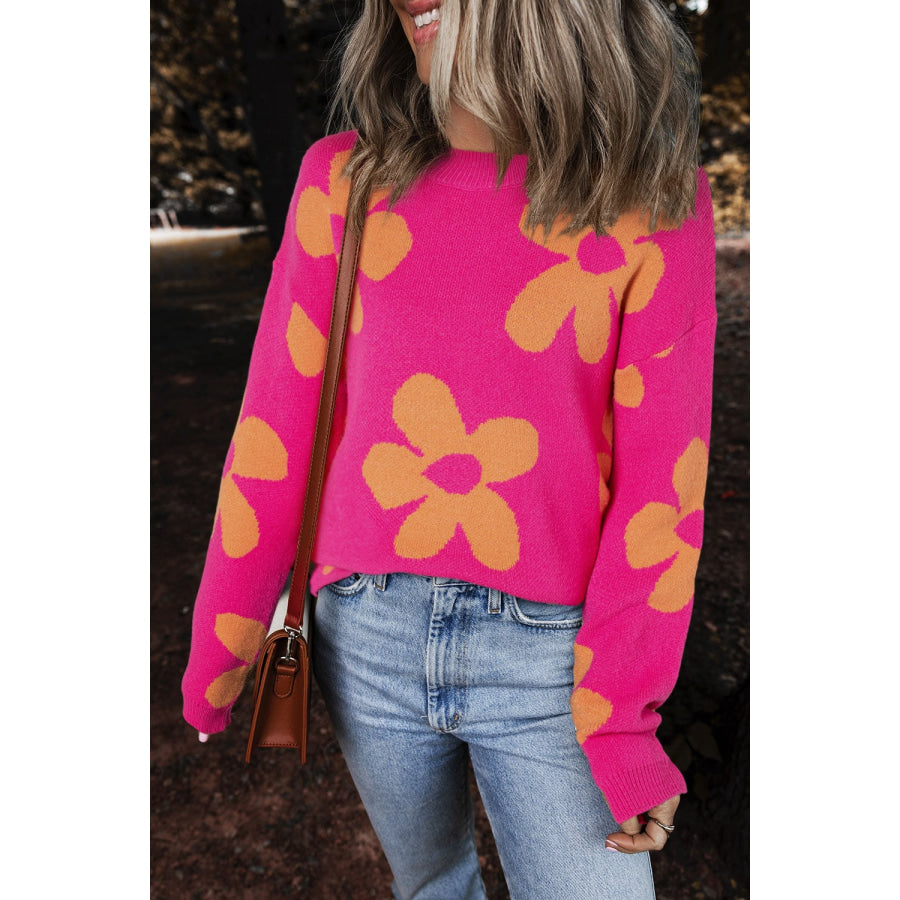 Flower Round Neck Long Sleeve Sweater Cerise / S Apparel and Accessories