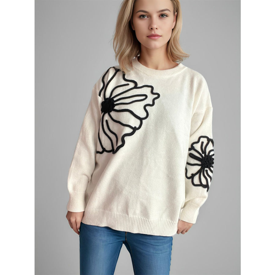 Flower Round Neck Long Sleeve Sweater Cream / One Size Apparel and Accessories