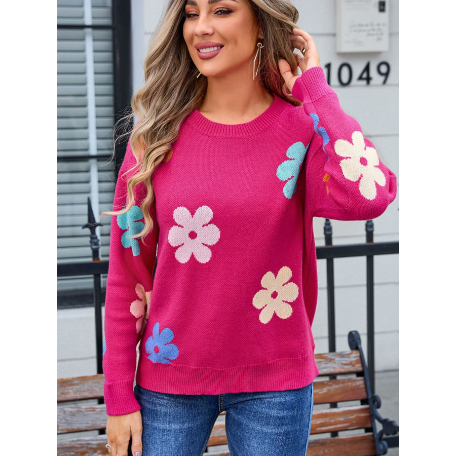 Flower Round Neck Long Sleeve Sweater Deep Rose / S Apparel and Accessories