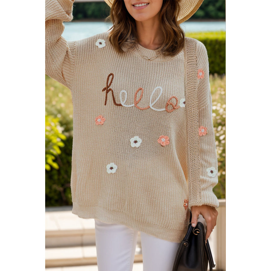 Flower Round Neck Long Sleeve Sweater Dust Storm / S Apparel and Accessories